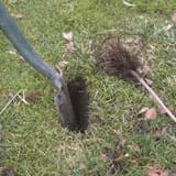 Spade inserted into a slit in the ground