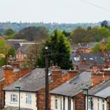 A high view of houses with trees between the rooftops